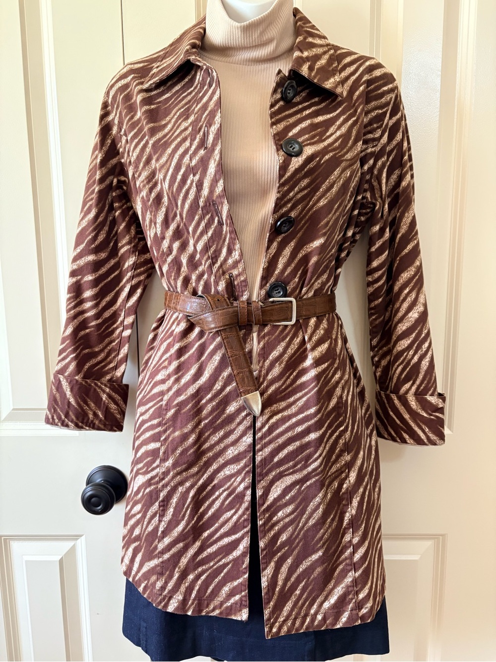 Women's Brown Zebra-Print Coat, size small, belt not included